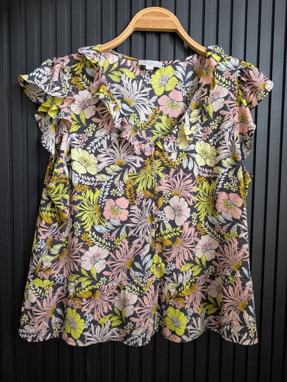 Floral Ruffle-Sleeve Women’s Top - Black with Pink & Lime Floral